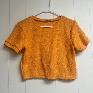 Zara Cropped Orange Knit Scalloped Hem Sweater Tee Size Large